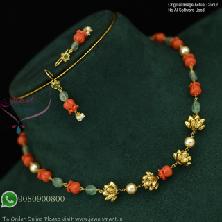 Lotus Floral Necklace with Coral Beads, Pearls & Matching Earrings NL1094N