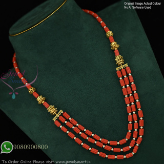 Traditional 3 Layer Coral Beads Long Necklace with Gold Plated Design