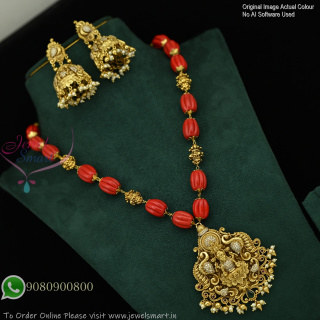 Temple Style Coral Beaded Lakshmi Pendant Necklace with Jhumka Earrings