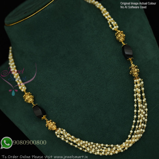 Multi-Layer Pearl Chain Necklace with Gold Plated Floral Beads and Black Stone Accents NL1107N