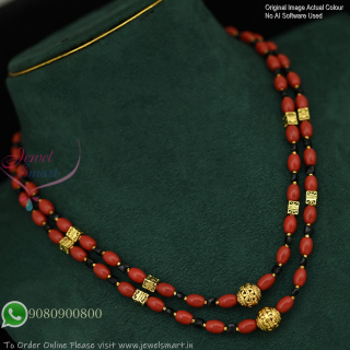 Shop traditional double layer chain with coral style red beads, black beads and antique gold plated spacers.
