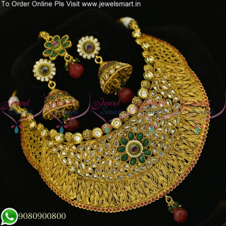 NL8748 Broad Antique Grand Choker Necklace Jhumka Earrings Fashion Wedding Jewellery