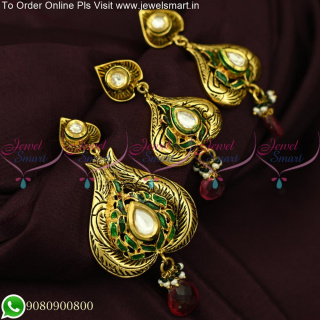 Original Kundan Stones Heart Shape Pendant Earrings Set Antique Gold PS25529