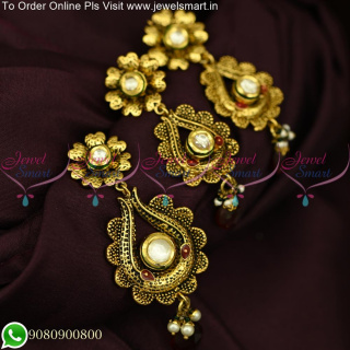 Original Kundan Stones Exclusive Pendant Earrings Set Antique Gold PS25530