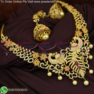 Gold Plated Peacock Design CZ Necklace Set Big jhumka Earrings NL10456N
