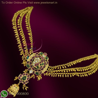 Exquisite Peacock Jada Billa Choti with Linked Ear Chains, Mattal Adorned with Golden Beads H26743