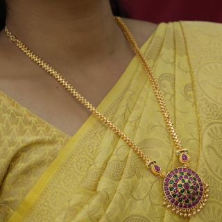 Popular Half Ghajiri Gold Dollar Chain Real Kemp Pendant Sets Online PS24918