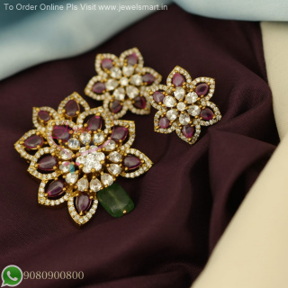 Floral CZ Stones Pendant Set - Antique Gold Finish Sparkling Ear Studs PS27131