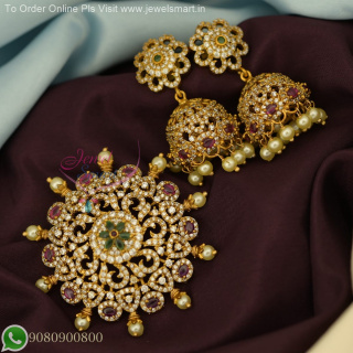 Elegant CZ Stones Sun Pendant Set - Antique Gold Finish With Jhumkas PS27130