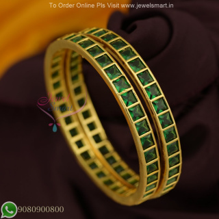 Original CZ Green Colour Stones Party Wear Bangles - Dull Gold Plated B26967G