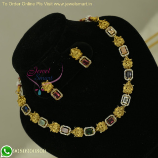 Elegant Gold-Toned Link Temple Necklace with Multicolored Gemstones NL26631