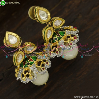 Enamel Effect Kundan Jhumka Earrings CZ Fusion Jewellery Diamond Designs J23751
