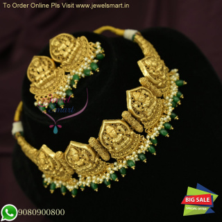 Exclusive Antique Gold Temple Jewellery Bridal Necklace Set with Green Beads NL26617