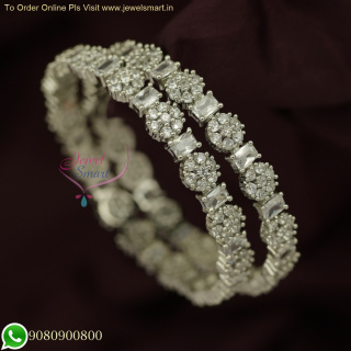 Exquisite Floral Design Glowing White CZ Bangles | Rhodium-Plated Premium Jewellery B25870