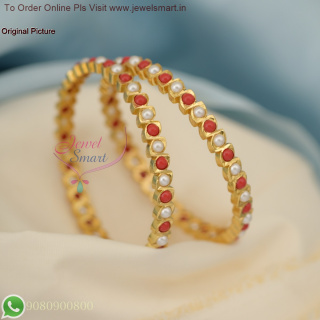 Eyecut Shape Pearl & Coral Colour Impon Panchaloha Bangles - Traditional Gold Plated B27054