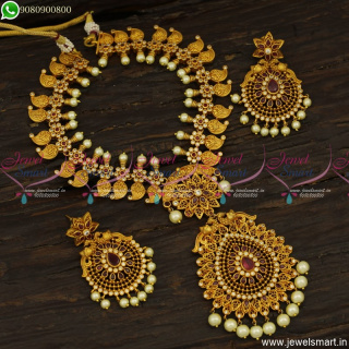 NL12376R Gold Jewellery Dull Matte Finish Floral Mango Necklace Semi Precious Stones Ruby White Pearl Shop Online