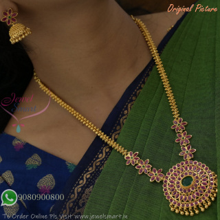 Fancy Floral Design Stone Chain Gold Plated Necklace Set with Matching Jhumka Earrings – Imitation South Indian Jewellery
