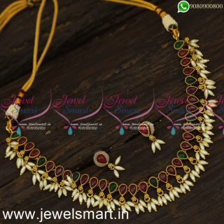 Fashionable Single Stone Line Antique Gold Necklace Designs Ideas With Rice Pearls NL24026