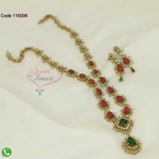 Elegant Floral CZ Necklace Set with Coral and Green Stones - Antique Gold Plated Bridal Jewellery NL26888