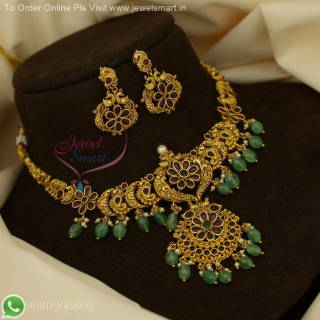 Floral Peacock Necklace Set with Kemp Stones & Jade Green Drops – Gold Replica Jewellery NL27119