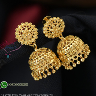 Traditional Gold Plated Jhumka Earrings with Floral Stud | Lightweight Screw Back Jhumkas Design J27341