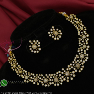 Gold Finish CZ Floral Necklace Set with Matching Designer Ear Studs – Elegant Party Wear Jewellery NL27333