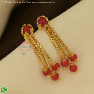 Gold Plated Chain Drop Earrings with Coral Beads and Pearls – Traditional and Elegant South Indian Design ER27100