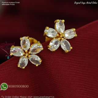 Gold Plated CZ Floral Stud Earrings | Push Lock | Available in Multiple Colours
