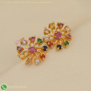 Gold Plated Fan Style Ear Studs - Real Gold Look, Screw Back Lock, Daily Wear ER27038