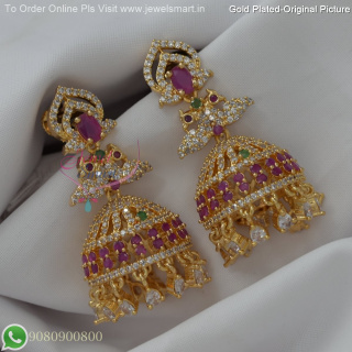 Double Peacock  Jhumka Earrings with Screw Lock, CZ Stones – 3 Colour Options, Real Gold Inspired Design J27267