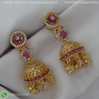 Gold Plated Jhumka Earrings with Screw Lock, CZ Stones – 3 Colour Options, Real Gold Inspired Design J27265