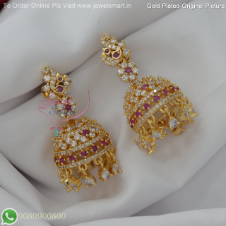 Gold Plated Peacock Jhumka Earrings with Screw Lock, CZ Stones – 3 Colour Options, Real Gold Inspired Design J27266