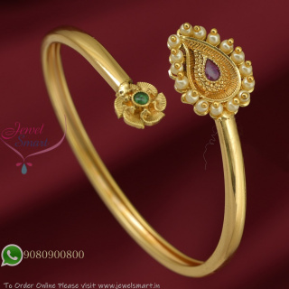 Gold Plated Open Bangle with Pearl Edging and Traditional Motif | Real Gold Look Antique Jewellery B27305