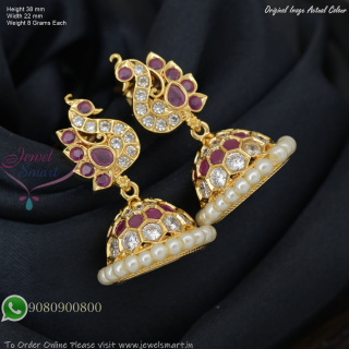 Peacock Design Jhumka Earrings With Pearl Border – Gold Plated, Screw Back, 5 Colour Options J27444