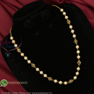 Gold Plated Pearl Chain with Kemp Stone Beads – Lightweight Traditional Jewellery for Women NL27355