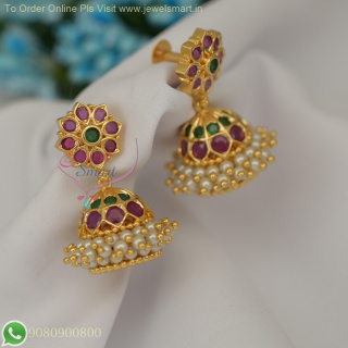 Gold Plated Pearl Jhumka Earrings with Screw Lock – Premium Real Look for Bridal & Classical Dance J26919