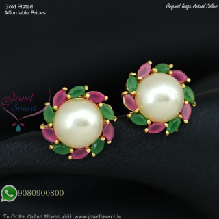 Gold Plated Floral Pearl Stud Earrings with Screw Back – Available in Multiple Colours ER27483