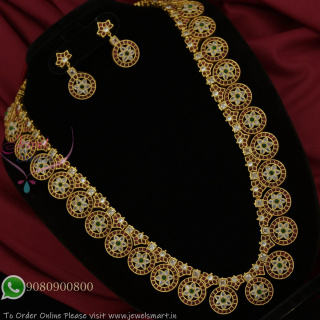 Heavy Bridal Long Antique Gold Plated Necklace Set with Green & White Stones NL27346