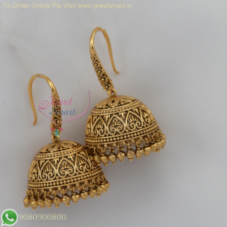 Intricately Designed Antique Gold Hook Jhumka Earrings – Timeless Elegance J26950