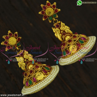 Huge Temple Coin Jhumka Earrings Pearl Lining Jewellery Antique J22052