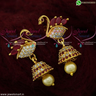Indian Jhumka Earrings Latest Screw Back Peacock Design Gold Plated Collections J21832