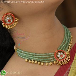 Jadau Kundan Pendant 3 Line Jade Green Crystal Choker Necklace Set Traditional Jewellery NL27115
