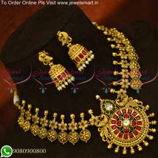 Jadau Kundan Style Floral Antique Gold Necklace With Beautiful Jhumkas NL25466
