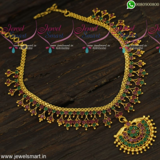 Kerala Style Stone Arumbu Gold Necklace Designs Traditional Jewellery Artificial NL23880