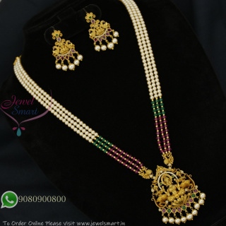 Lakshmi Devi Pendant Pearl Mala Necklace Set with Earrings – Traditional Gold Replica Jewellery NL27327