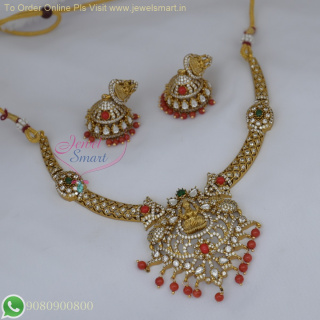 Lakshmi Temple Necklace with Coral Red Beads and Jhumka Earrings - Antique Gold Plated NL26974