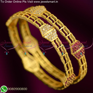 Latest Kambi Valayal Gold Covering 3 String AD Bangles Ruby white B25380