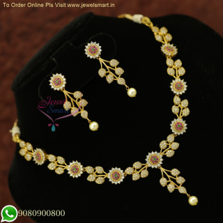 Botanical Beauty: Leaf and Flower CZ Necklace Set in Vintage Gold Hue NL26011