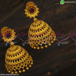 Light Weight Matte Finish Jhumkas Online Kemp Red and Green Stones Medium Size J23310