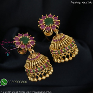 Lightweight Gold Plated Jhumka Earrings – Floral Top Design with Kemp and CZ Stones J27409